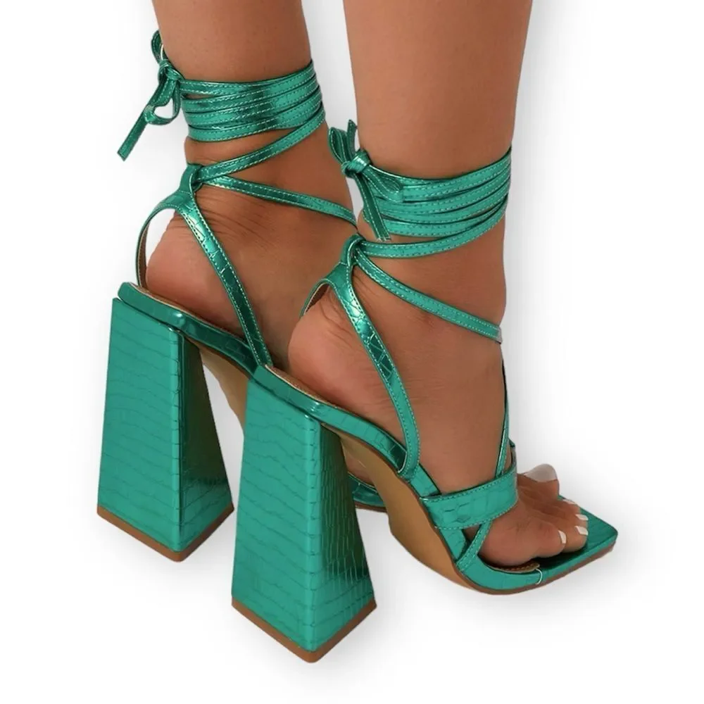 EGO Salma Teal Green Metallic Croc Pyramid Heel Tie Sandals Size 5